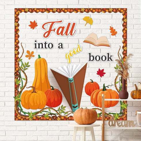 Fall into a Good Book Bulletin Board, Classroom Decorations with Pumpkin Cutouts and Autumn Maple Leaves