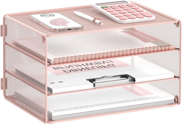 DALTACK 3 Tier Letter Tray Paper Organizer, Mesh Metal Desk File Organizer for Home & Office, Pink