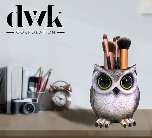 DWK Grey Owl Makeup Brush Holder Organizer Caddy, Handmade Makeup Organizer for Vanity, 4"
