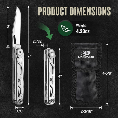 Mossy Oak 12-in-1 Multitool Pocket Knife with Pouch, Stainless Steel Multitool Knife with Clip, Survival Tools for