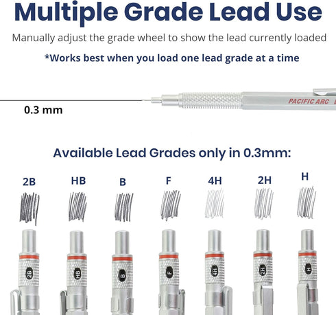 Pacific Arc Chromagraph Metal Mechanical Pencil .3 mm Silver Barrel for Drafting and Sketching