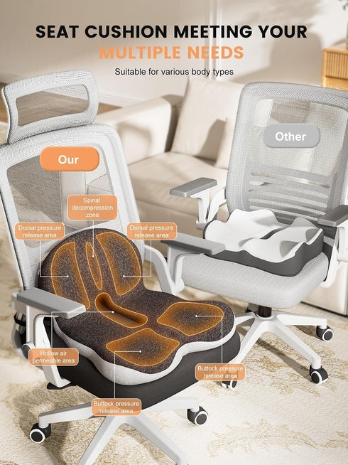 QEGOON Tailbone Office Chair Seat Cushion for Long Sitting Workers - L-Shaped Ergonomic Memory Foam with Support