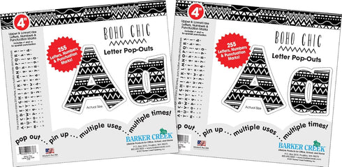 Barker Creek 4" Letter Pop-Outs 2-Pack, Boho Chic, Colorful Letters for Bulletin Boards, 510 Upper and Lowercase