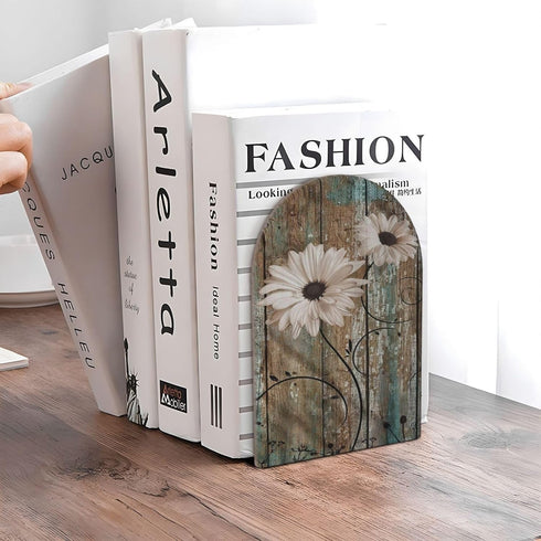 HOYYU 1 Rustic s Wooden Bookends Decorative Shabby Sunflower Book Ends for Shelves Heavy Books Holder Organizer