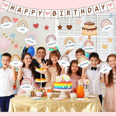 Marspark 65 Pieces Rainbow Birthday Bulletin Board Set for Classroom Decor, Birthday Chart Cutouts Decoration
