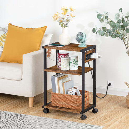 HOOBRO 3-Tier Industrial Printer Stand with Charging Station, Rolling Printer Cart, Adjustable Shelf and Hook, Rustic