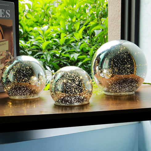 Lighted Mercury Glass Ball Table Lamp with Timer, Silver Cordless Orb, Battery Operated Sphere Glass Night Light for