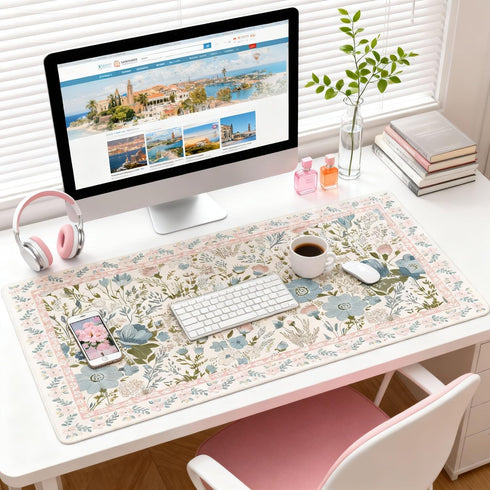 OUNNTC Aesthetic Pink Floral Desk Pad, XXL Large Mouse Pad for Desk with Anti-Slip & Stitched Edges, Keyboard Mat