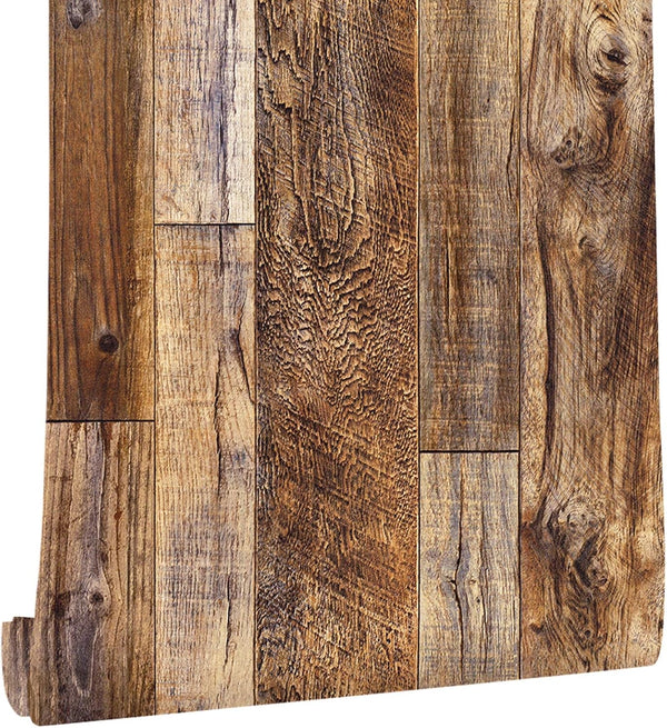 Yun-aeon Brown Wood Peel and Stick Wallpaper 17.3" x 120" PVC Self Adhesive for Wall Covering, Furniture, Kitchen DIY