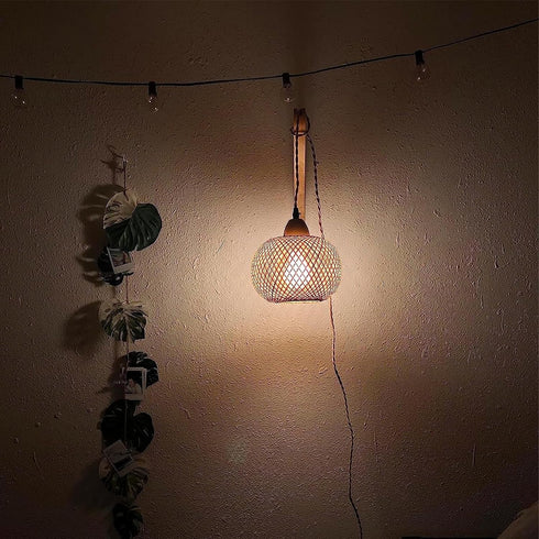 Frideko Bamboo Lantern Plug in Wall Sconces Wicker Wall Lamp with Plug in Cord Hand Woven Rattan Wall Light Farmhouse
