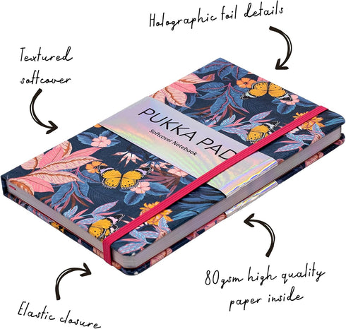 Pukka Pad Bloom Softcover Notebook, 21 x 13cm, Pack of 3 Floral Designs, Blue
