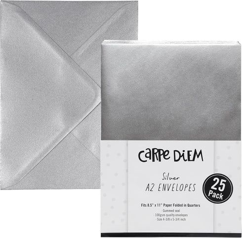 Pukka Pad, Carpe Diem Gummed Envelopes for Greeting Cards and Invitations - Pack of 25 Silver Envelopes - A2, 4.38 x 5.75 in by Pukka Pad