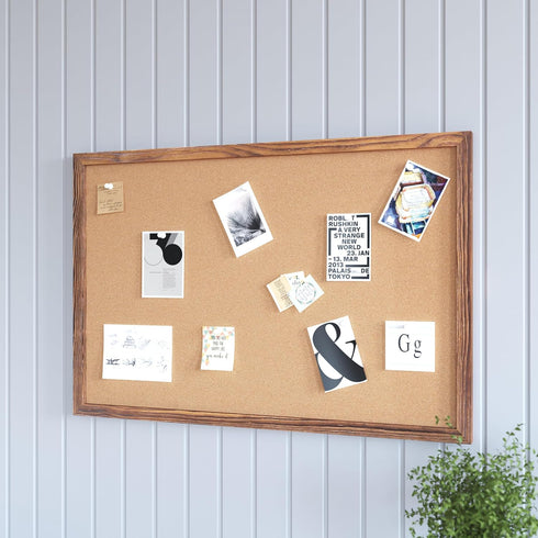 HBCY Creations Wall Mount Cork Board, 24"W x 36"H, Torched Wood with 6 Wooden Push Pins, Solid Pine Frame