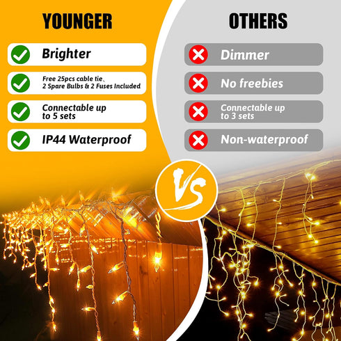 23FT 200 YOUNGAR Icicle Lights Outdoor, Connectable Icicle Christmas Lights,Warm White Plug in Curtain String Lights