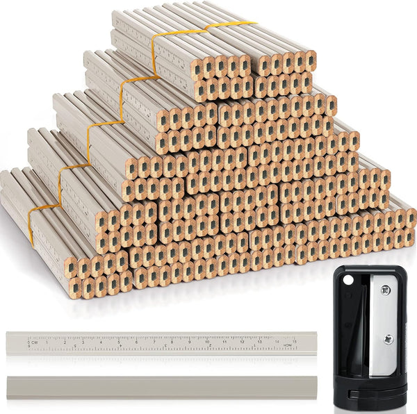 Honoson 202 Pcs Carpenter Pencil Set, 200 Pcs Flat Graphite Pencils, 2 Pcs Sharpener, Printed Ruler, White