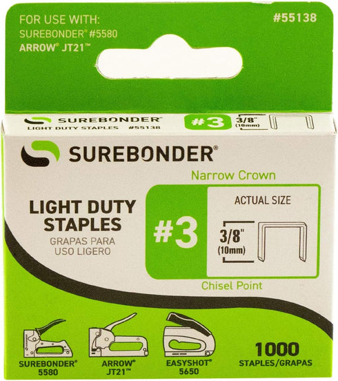 Surebonder 55138 Light Duty Staples, 3/8-Inch Leg Length, 1000 Count