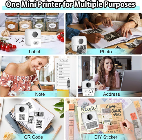 HuiJuKeJi Mini Sticker Printer, Bluetooth Smart Pocket Inkless Thermal Printer with 11 Rolls Thermal Paper for iOS &