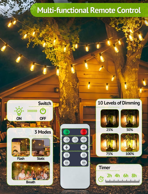48FT Dimmable 15+1 ST38 Bulbs 3 Larkvue Solar String Lights Outdoor with Remote, Waterproof Patio Lights with LED Modes