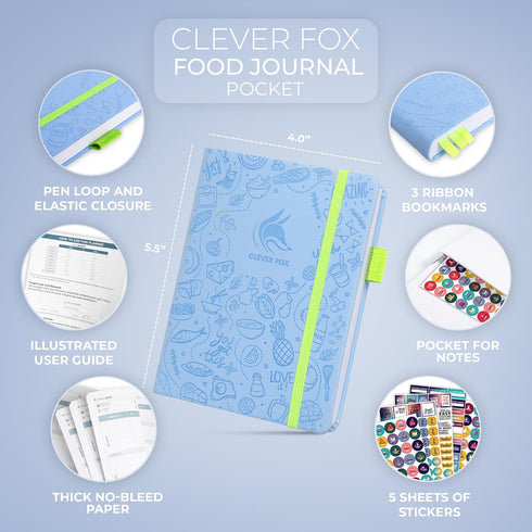 Clever Fox Food Journal Pocket - Daily Food Diary and Meal Planner to Track Calories & Nutrients, Light Blue