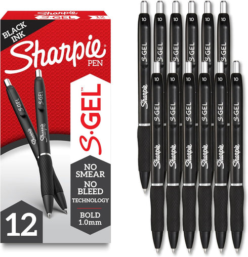 Sharpie S-Gel Gel Pens - Black Ink Drawing Pens for Journaling Coloring, Bold Point (1.0mm) 12 Count