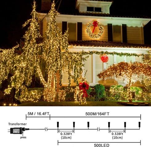weillsnow 164 500 8 FT LED Christmas Lights Outdoor, Waterproof Christmas Fairy Lights with Timer, Plug in Warm White
