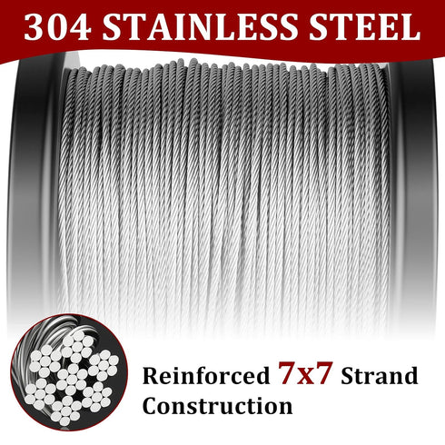 Hoiny 328FT 1/16" 304 100Pcs 7x7 300lbs Wire Rope Kit, Stainless Steel Cable with Crimping Sleeves, Strand Heavy Duty