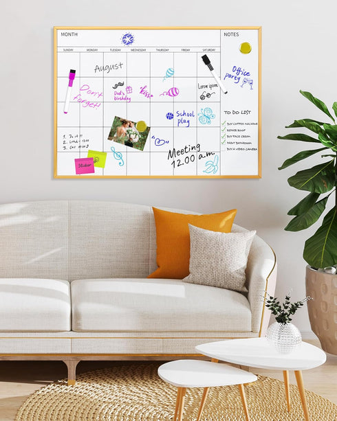 VUSIGN Magnetic Monthly Calendar Whiteboard, 17'' x 23'' Dry Erase Calendar for Wall, Gold Wooden Frame