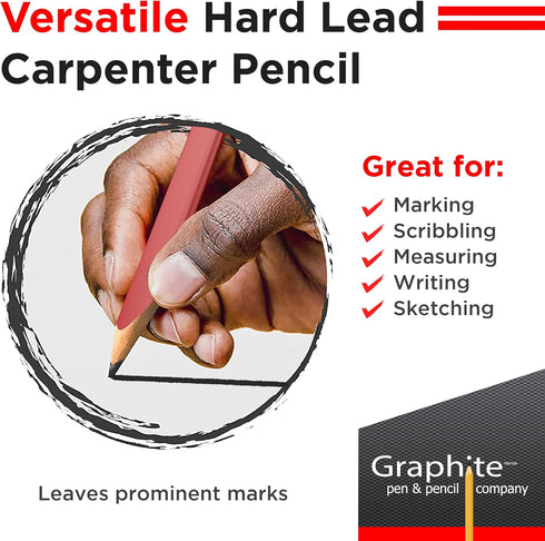 GRAPHITE Hard Lead Carpenter Pencils Bulk - Pack of 12 Pieces, Lumber Wooden Pencil #2 (HB), Red