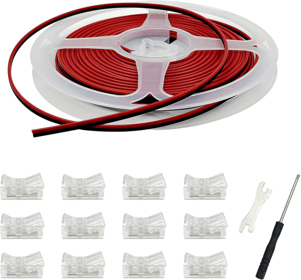 12 Pack 8mm Cob LED Strip Light Connectors, 2 Pin Solderless Adapter with 6M/19.68ft LED Wire for 12/24V Tape