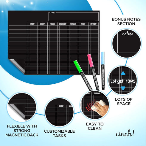 Cinch Magnetic Dry Erase Chore Board for Kids, 6 Whiteboard Markers with Magnets, Family Chore Chart for Adults (17x12"