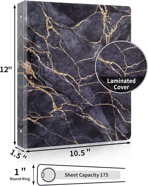 3 Ring Binder 1 Inch, SUNEE Cute Binder with 2 Pockets, Decorative Black Marble Three Ring Binder Heavy Duty (Fit 8.5x11 Inches) for School Supplies, Office Binder Supplies by SUNEE