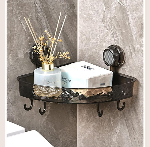 9 Inch Suction Storage Rack, Black Plastic Bathroom Corner Removable Toiletry Storage Rack for Kitchen and Bathroom
