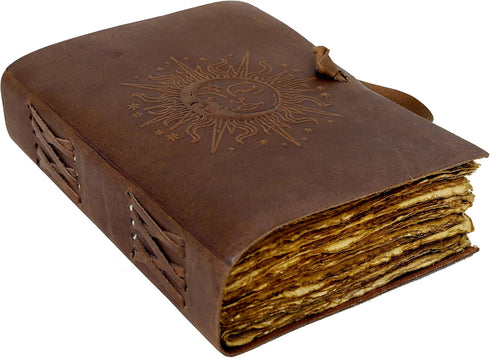 Sun & Moon Leather Journal, 7 x 5 Inch Handmade Paper Journal, Vintage Sketchbook for Women