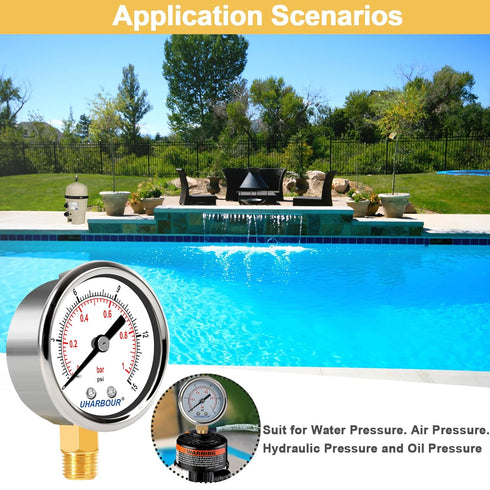 Lead-Free Water Pressure Gauge Liquid Filled 0-15Psi, 2" Dial, Stainless Steel Case, 1/4" NPT Lower Mount