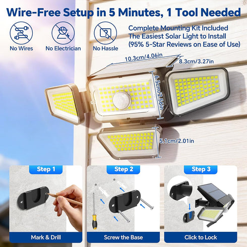 3000LM IP65 3 16-26FT 6.5-10FT (2 Pack) Solar Lights Outdoor, Solar Powered Motion Sensor Light, Waterproof Security