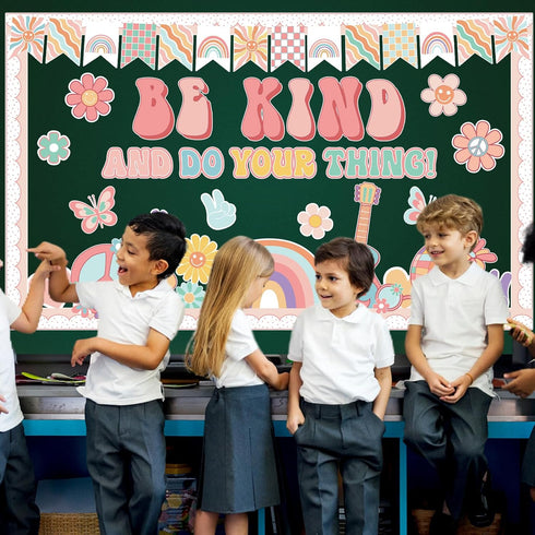 Boho Classroom Bulletin Board Decoration with Groovy Be Kind and Do Your Thing Retro Rainbow Cutouts