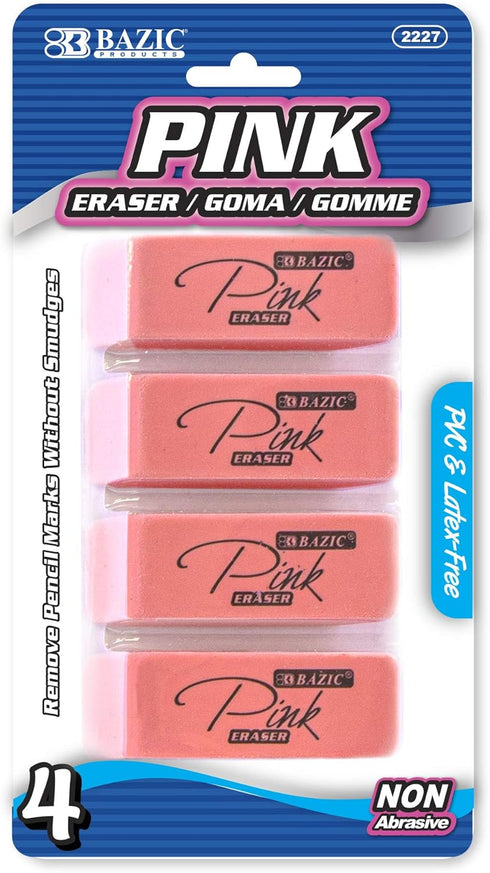 BAZIC Pink Eraser, Latex Free Bevel Erasers, Large Block Erasers for Art Drawing, School Office Kids Teachers (4/Pack)