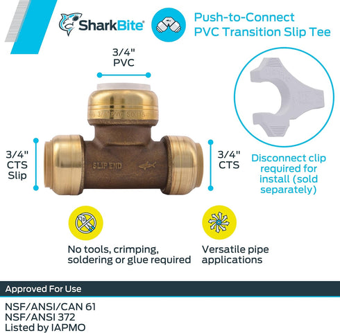 SharkBite 3/4 Inch CTS x 3/4 Inch CTS x 3/4 Inch PVC Slip Tee, Push To Connect Brass Plumbing Fitting