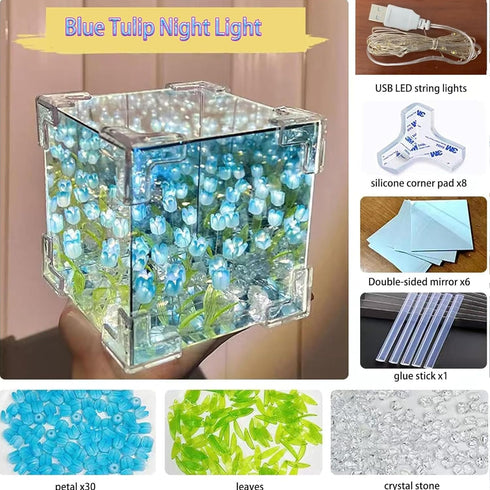 C&M 21 LED Tulip Night Light, Decorative Table Lamp with Mirror, Flowers, Handmade DIY Magic Cube Design (Blue)