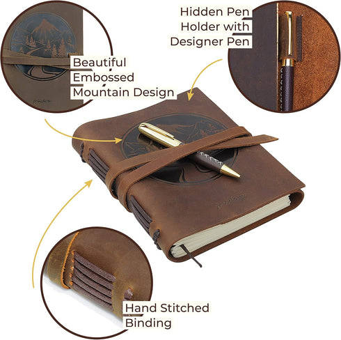 Leather Bound Journal for Men and Women, Handmade Gift Set with Mountain Embossed Journal and Stylish Pen (300 Pages,