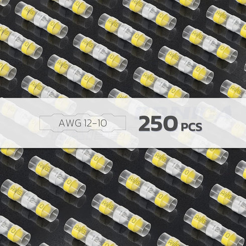 250PCS Yellow Solder Seal Wire Connectors AWG12-10, Marine Grade Waterproof Heat Shrink Butt Connectors