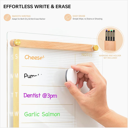 Clear Gold Glass Weekly Dry Erase Calendar 15x11", Menu & Meal Planner with Wood Decoration, Marker Holder and 4 Markers
