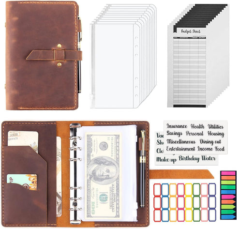 Leather Binder Budget with Cash Envelopes, Handmade A6 Money Saving Planner, Brown