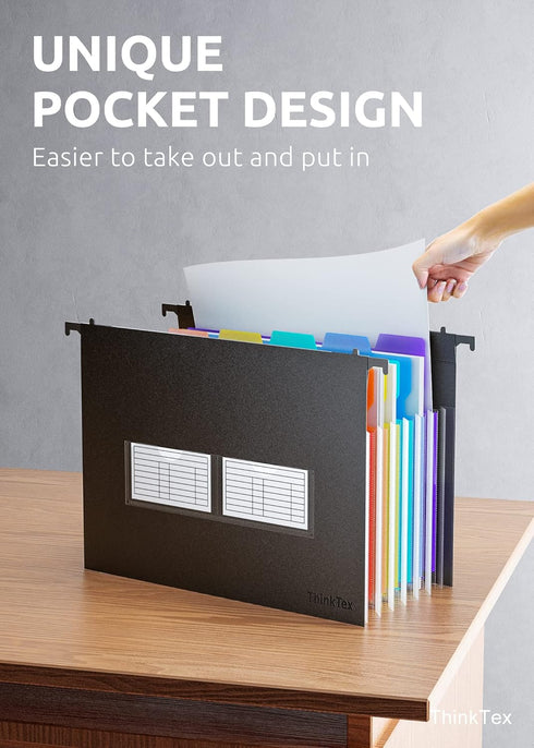 ThinkTex Plastic Expanding Hanging File Folders, 7 Pockets, Large Capacity, Multi-Color Tabs, Letter Size - 3 Packs