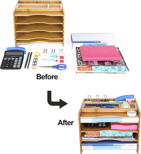 SONGMICS Bamboo File Organizer Paper Sorter with 5 Adjustable Shelves, Top Storage Compartments, Natural UOFS44Y
