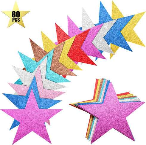 Gejoy 80 Pieces Glitter Star Cutouts, 6 Inches Length Paper Star Confetti for Classroom Wall Party Decoration
