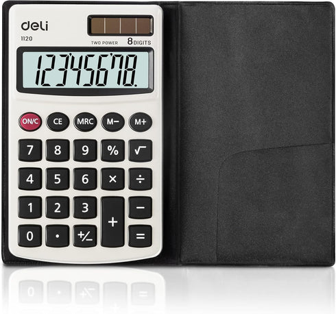 Deli Standard Function Basic Calculator, Solar Battery Dual Power Office Calculator with Cover, Metal Panel
