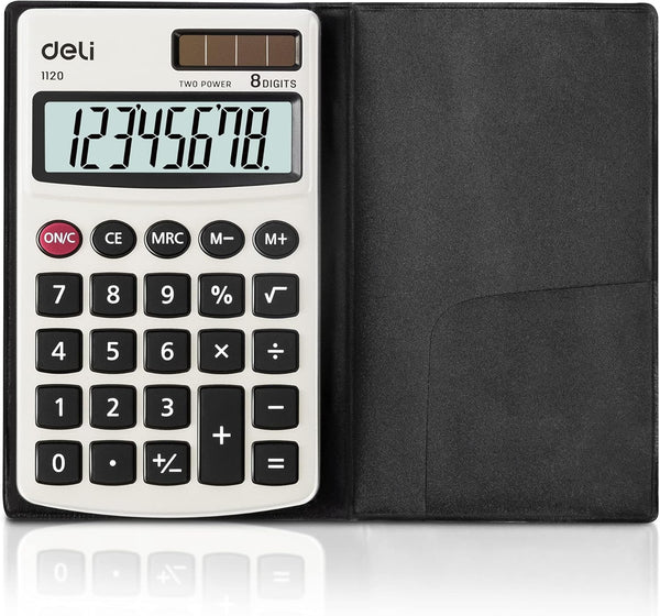 Deli Standard Function Basic Calculator, Solar Battery Dual Power Office Calculator with Cover, Metal Panel