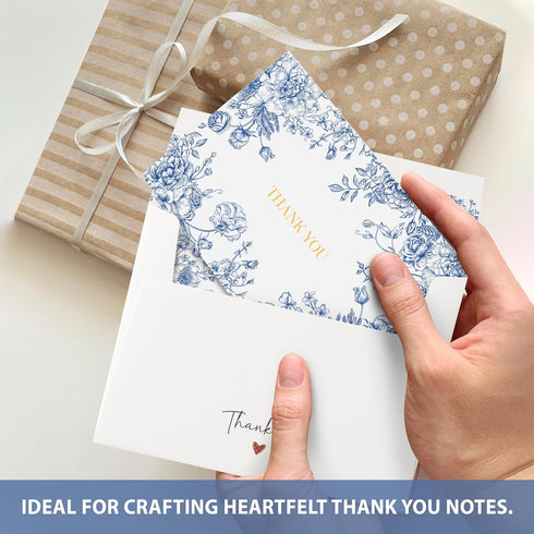 50 (4x6) AUDREE Gold Foil Thank You Cards with Envelopes - Elegant Blue Floral Thank You Cards with Matching Adhesive