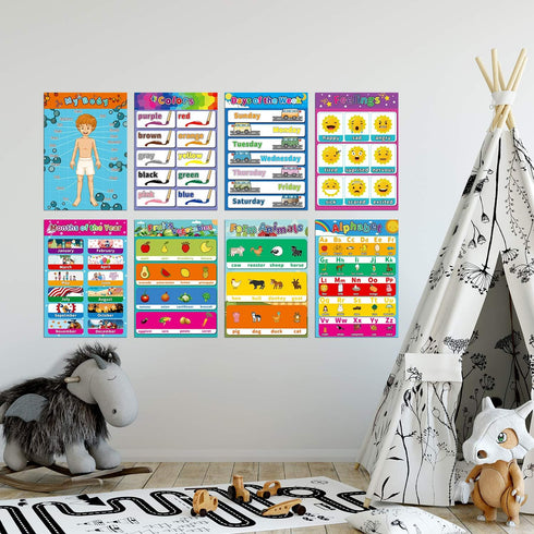 Educational Preschool Poster Pack of 15 for Toddlers and Kids, ABC Alphabet, Shapes Chart, 17x12 Inches Classroom